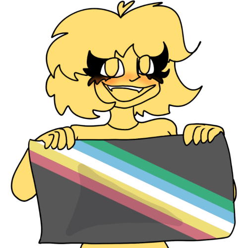 A happy girl with an open mouth is holding a disability pride flag.